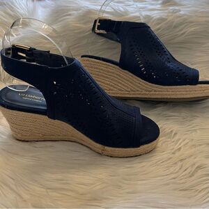 Liz Claiborne Wedge Sandal Espadrille Navy Blue Cut Outs Size 7M Faux Suede